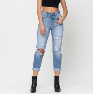 High Rise Cut Knee Cuffed Hem Mom Jeans FIRM